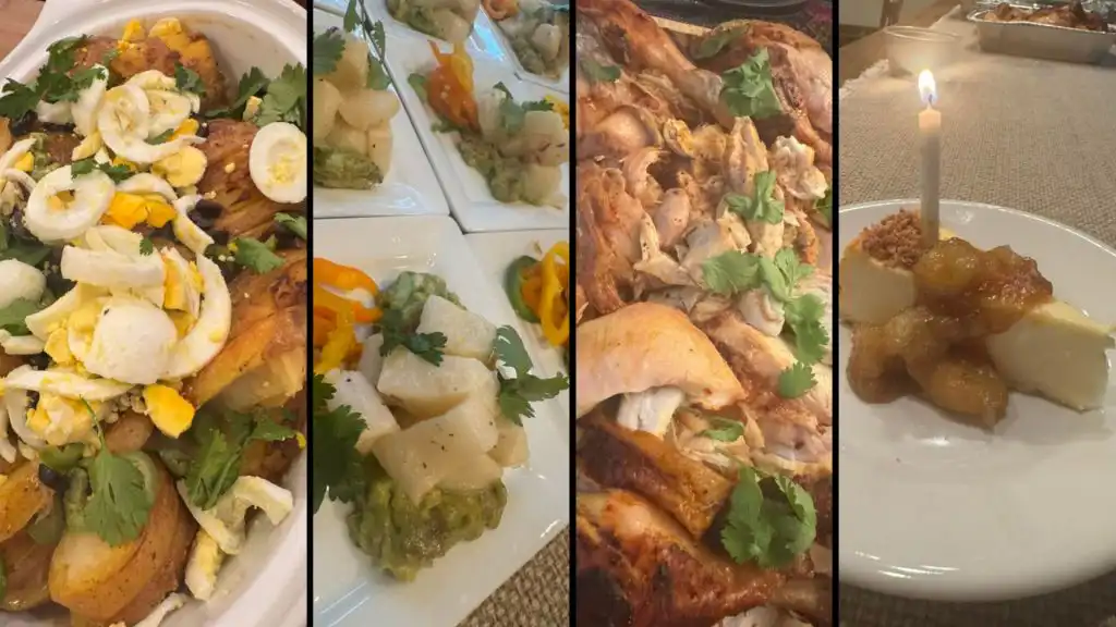 Celebratory meal with chicken potato salad, avocado appetizers, roasted chicken, and birthday cheesecake slice.