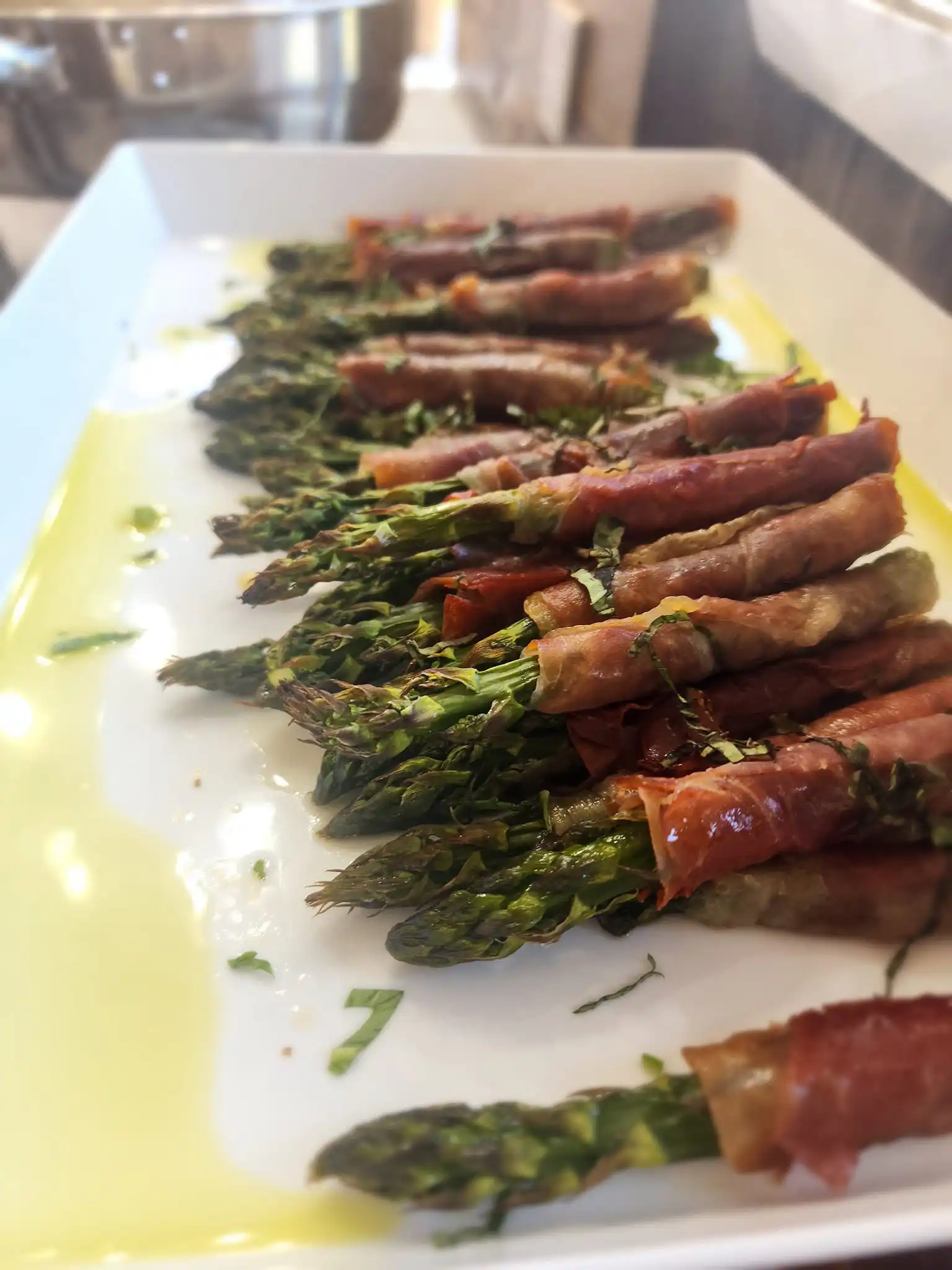 Chef-crafted grilled asparagus appetizer served at a luxury cocktail party catered by Chefski in Indianapolis.
